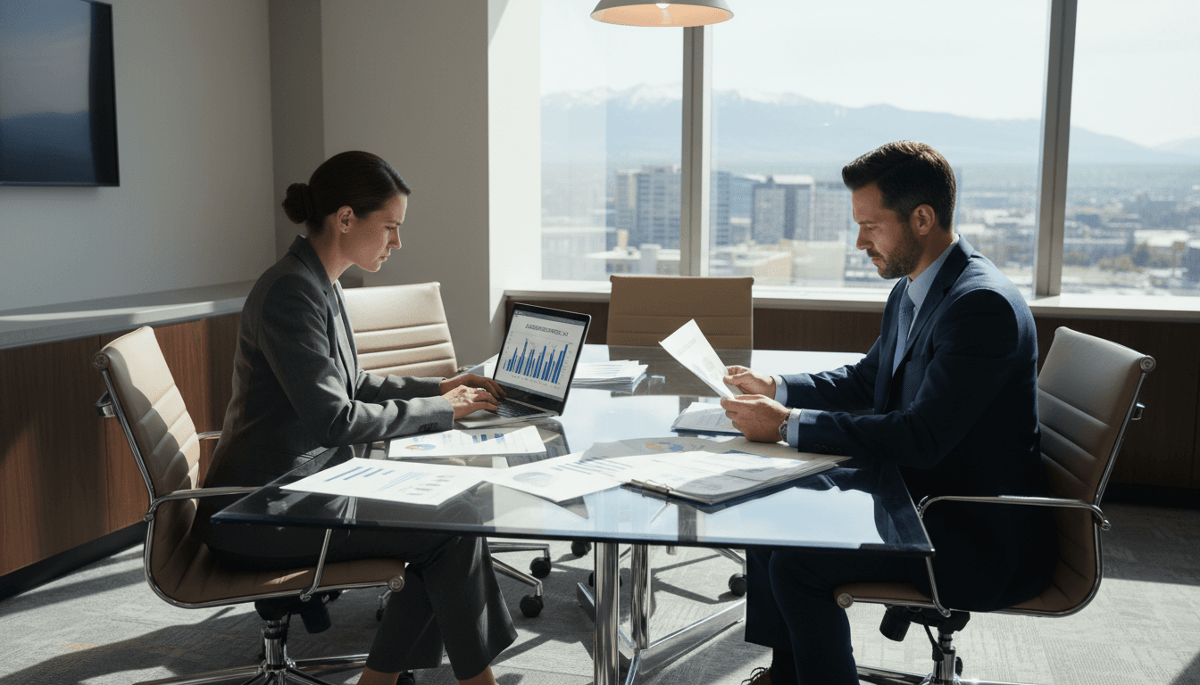 Two business professionals reviewing acquisition strategy and financial documents in a modern Salt Lake City office