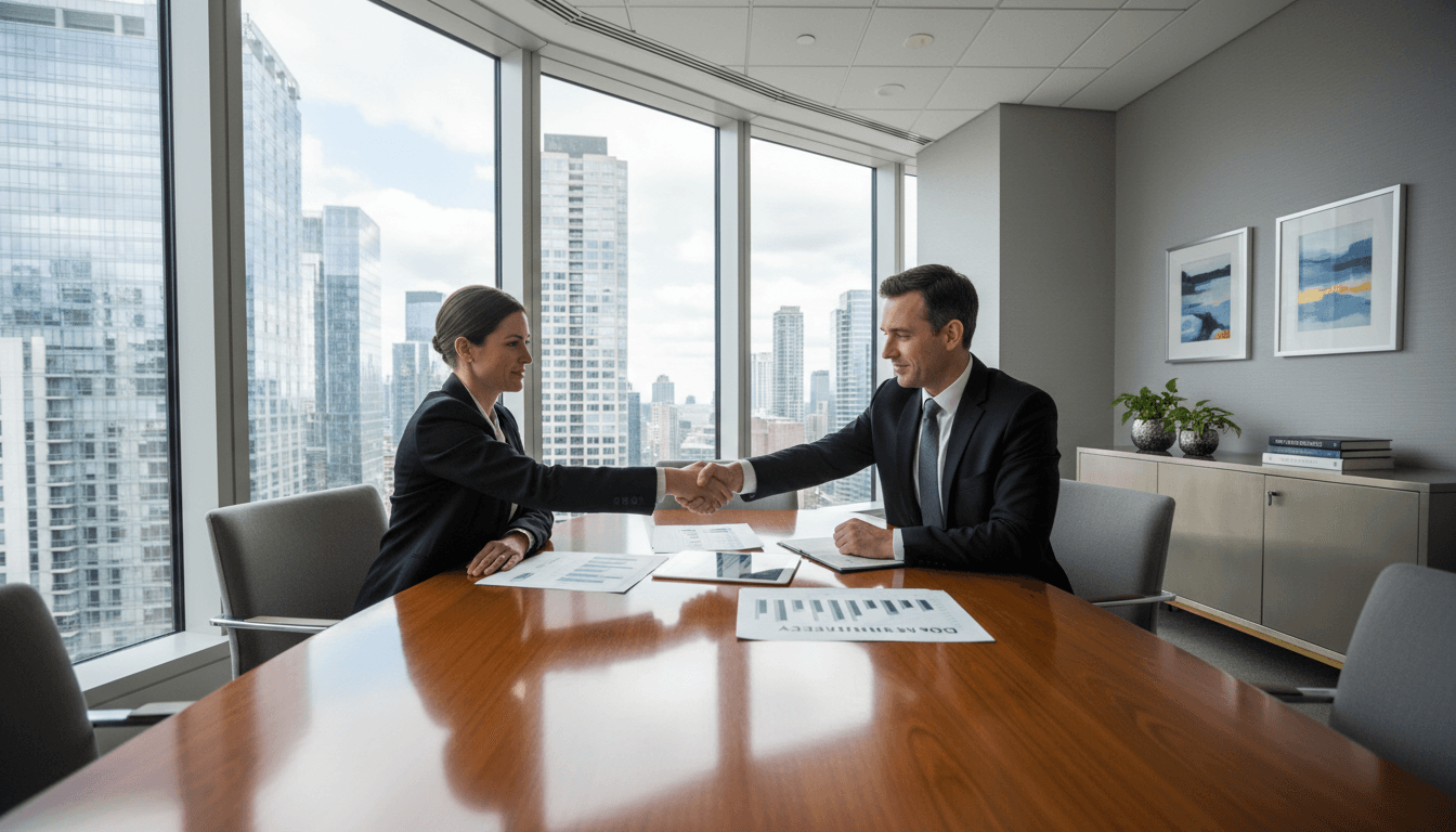 Business executives discussing acquisition strategy at a conference table with documents and digital displays
