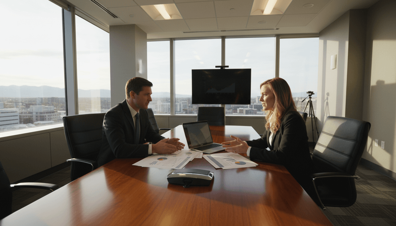 Business professionals reviewing acquisition strategy and financial data in modern office setting