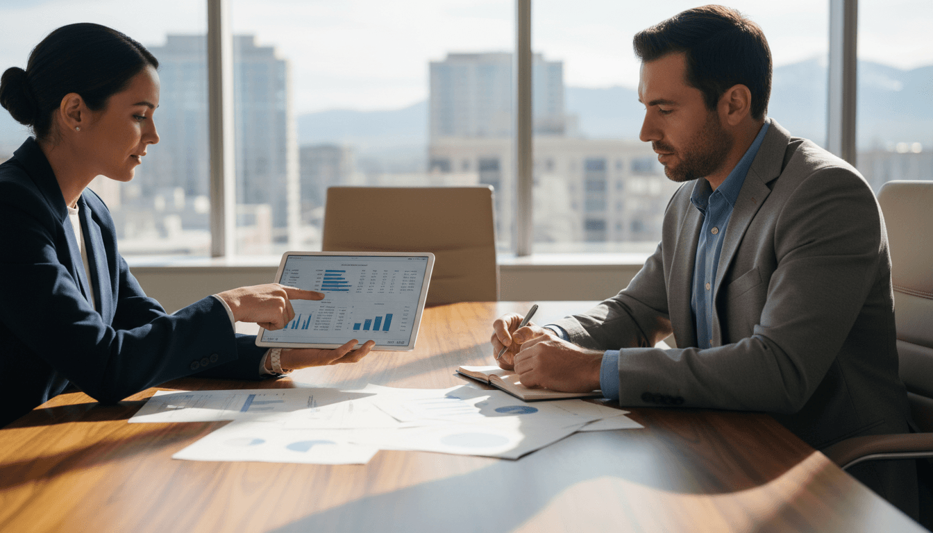 Two professionals analyzing financial data on tablet during business meeting