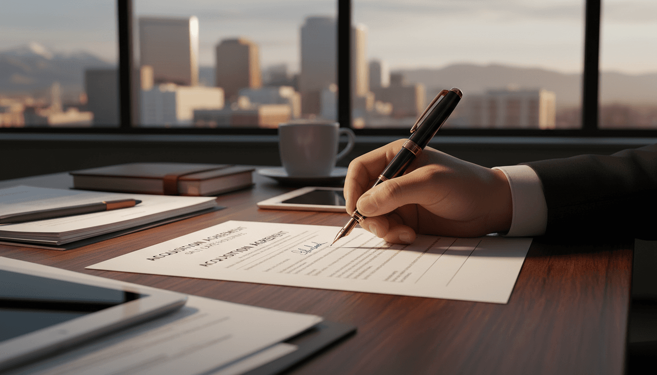 Hand signing business acquisition agreement document