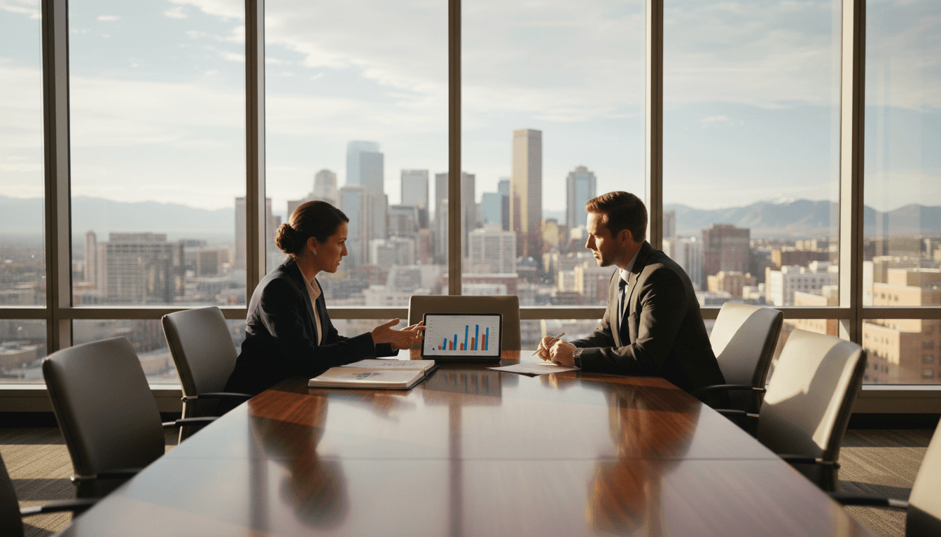 Two business professionals reviewing acquisition strategy documents in a modern Salt Lake City office overlooking the city skyline